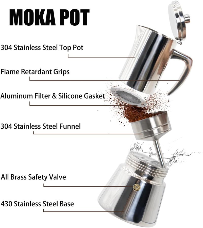 DITOSH 6 Cup Thickened 304 Stainless Steel Moka Pot Stovetop Espresso Maker Cafeteras Italian Percolator Espress Makers Capable Greca Mocha Coffee Machine for Induction Home and Camping 300ml 10oz - Image 4